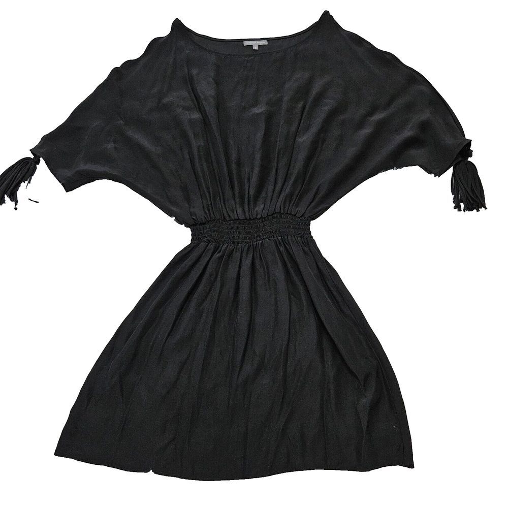 Emerson Thorpe 100% Silk Black Tassel Kimono Sleeve Smocked Waist Dress‎ Sz S